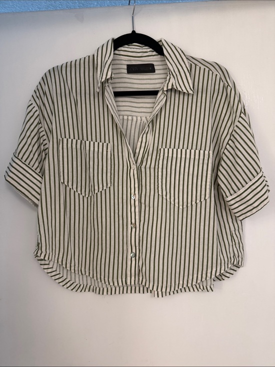 Zara Tops - Zara Olive Green and White Striped Button-Down Shirt